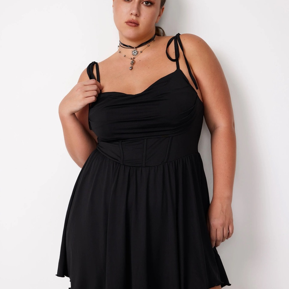 Cowl Neck Corset Ruffle Mini Dress